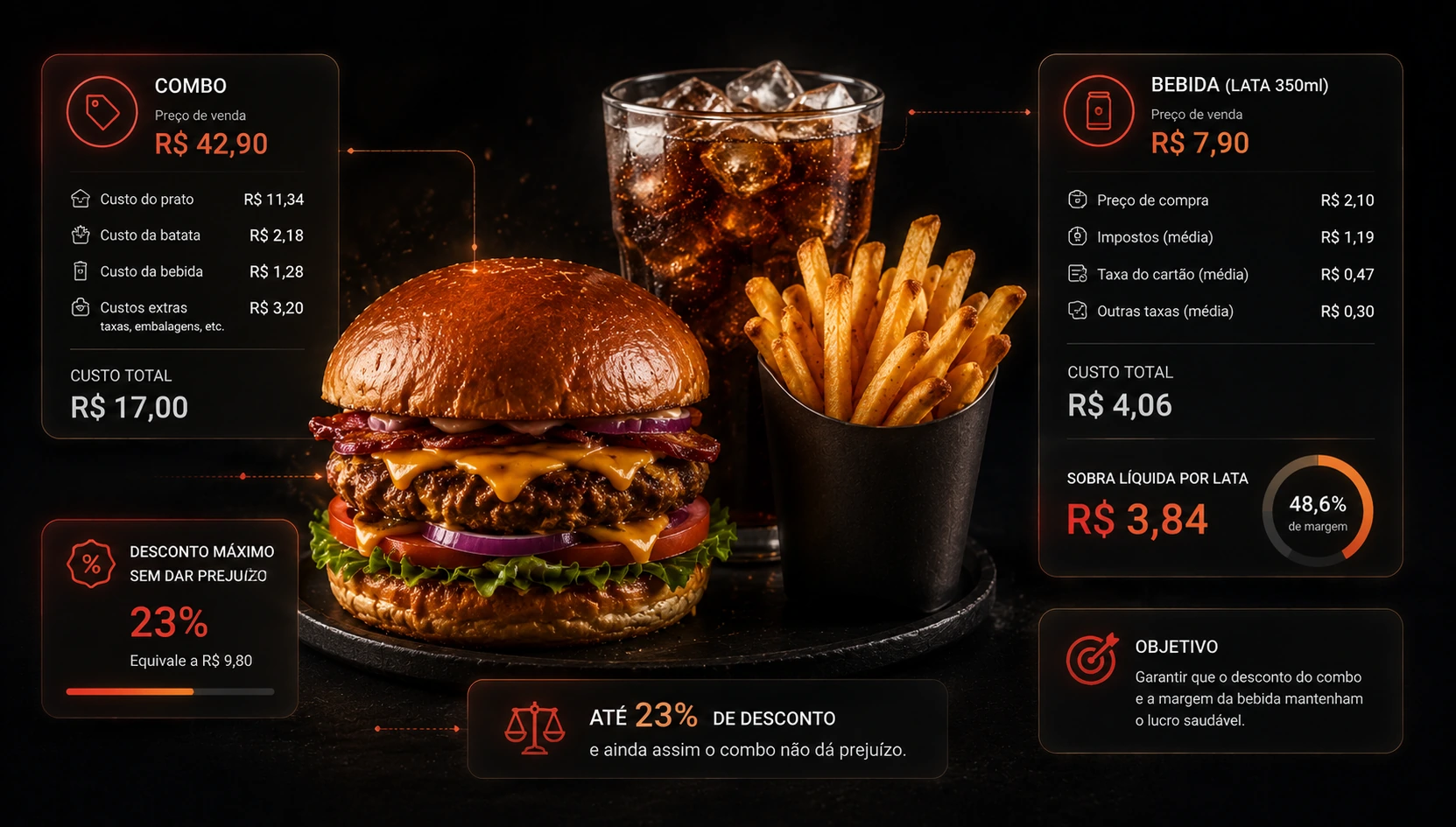 Um combo de lanche, batata e refrigerante com o custo de cada item e o desconto máximo que ele aguenta sem dar prejuízo, ao lado da lata de refrigerante mostrando quanto sobra depois da compra, do imposto e da taxa do cartão.