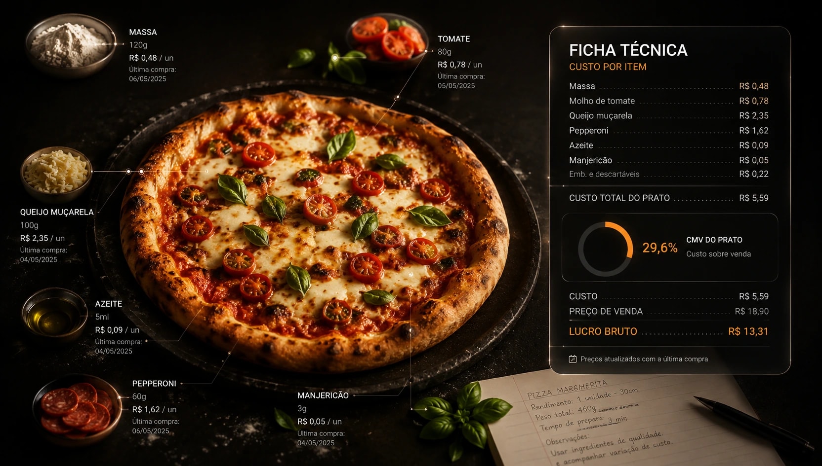 Ficha técnica de uma pizza: massa, molho, queijo, pepperoni, azeite, manjericão e embalagem somados item a item, o custo total do prato e o CMV como percentual do preço de venda.
